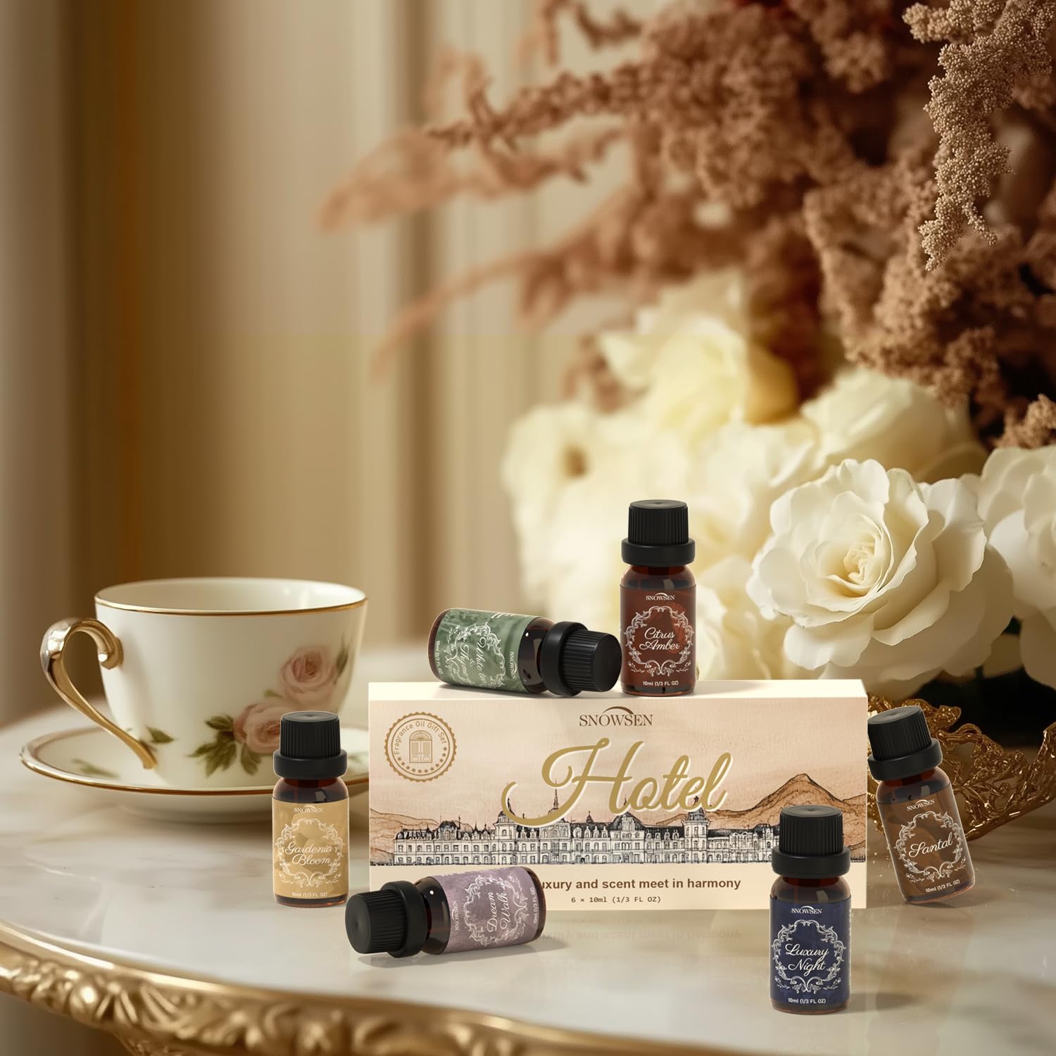 SNOWSEN Hotel Set packaging showcases premium fragrance oil collection.