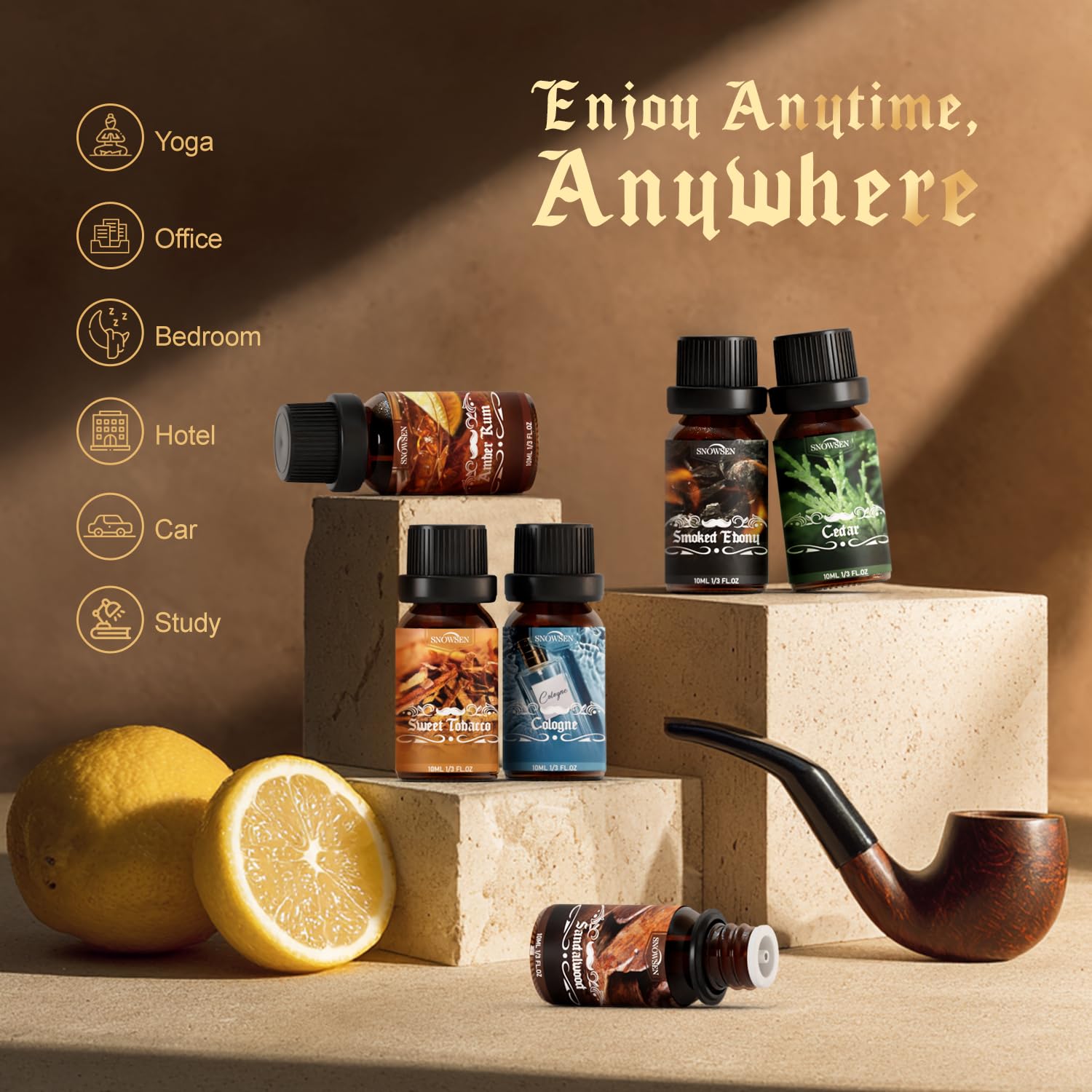 SNOWSEN Men Diffuser Oils Gift Set – cedar bottle for grounding atmosphere and focus.