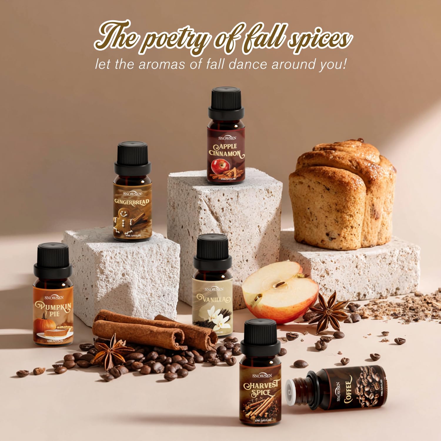 SNOWSEN Pumpkin Pie spice oil bottle for cozy holiday ambiance.