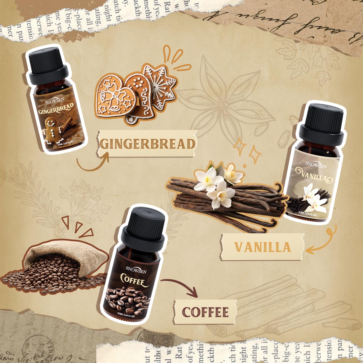 SNOWSEN Vanilla oil bottle for comforting, sweet home aroma.