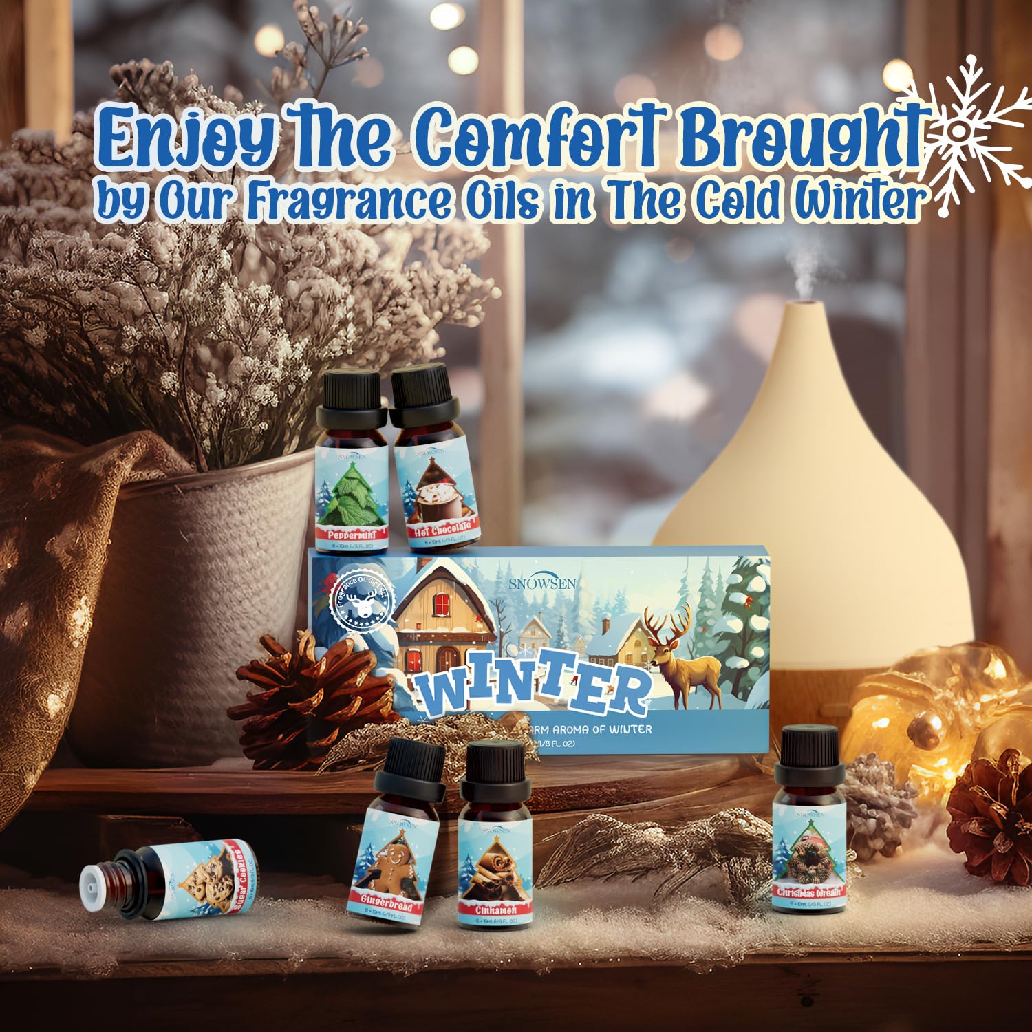 SNOWSEN Diffuser-use image showing easy drops for immediate fragrance.