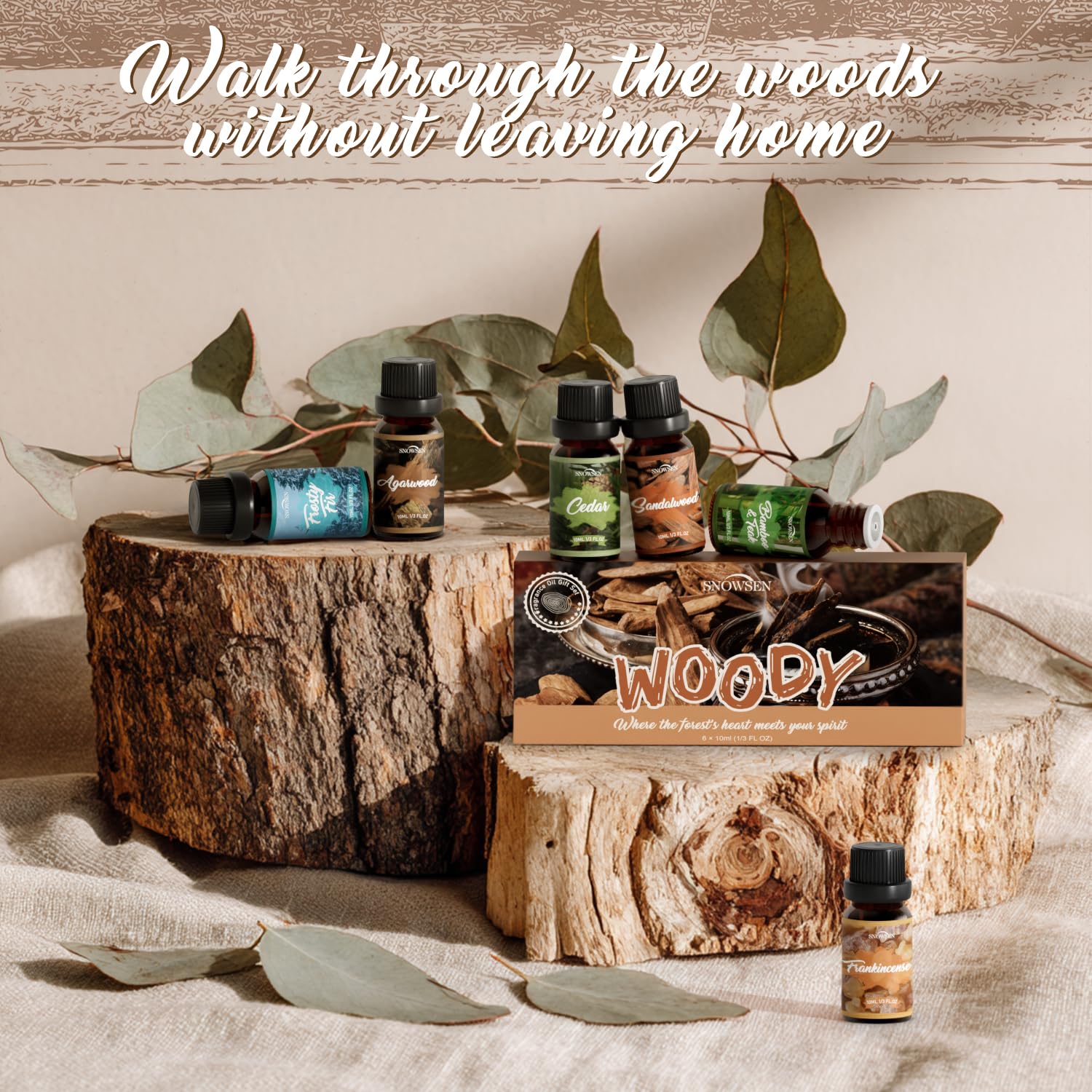 SNOWSEN Woody Set display with six oils for diffusers and cozy fragrance