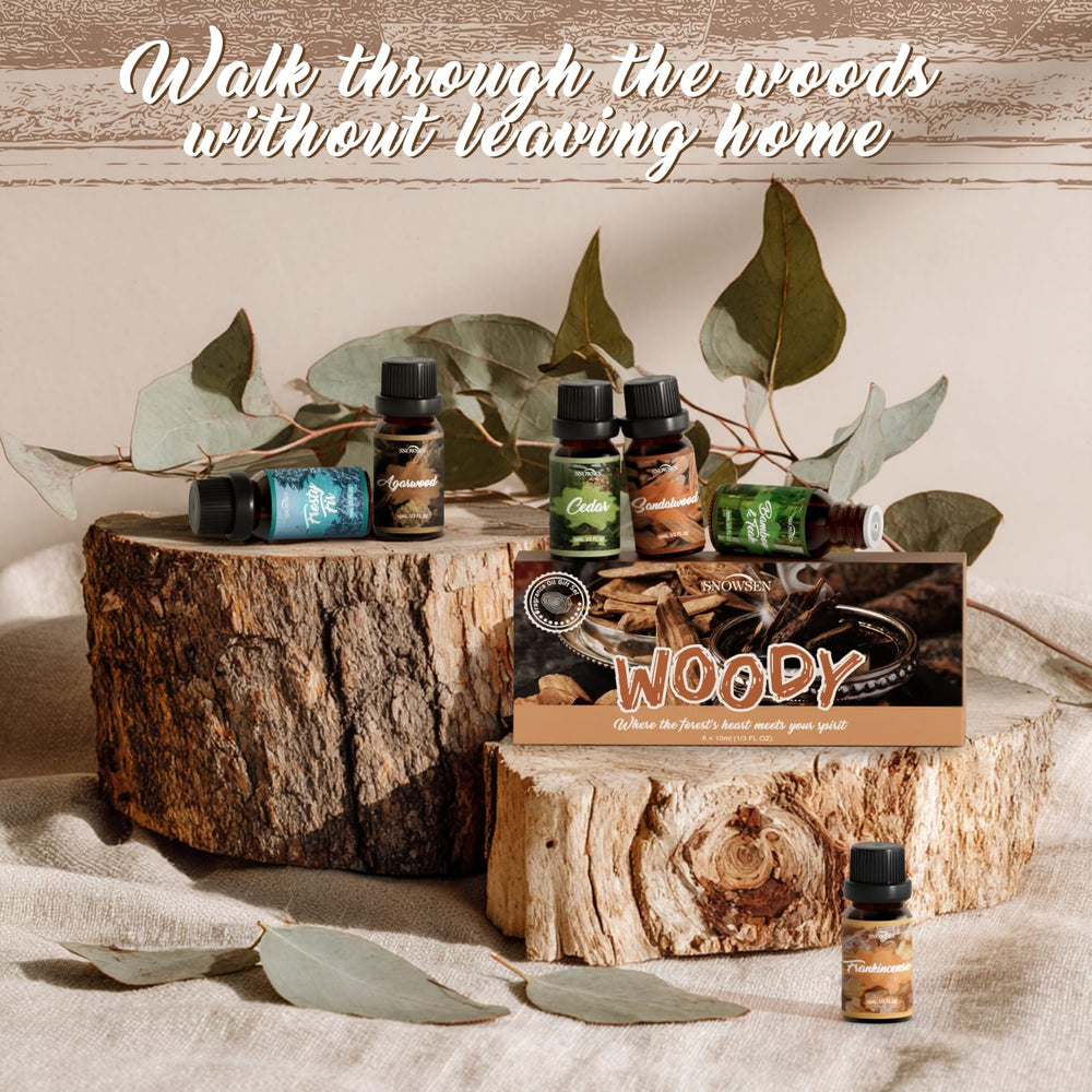 SNOWSEN Woody Set display with six oils for diffusers and cozy fragrance