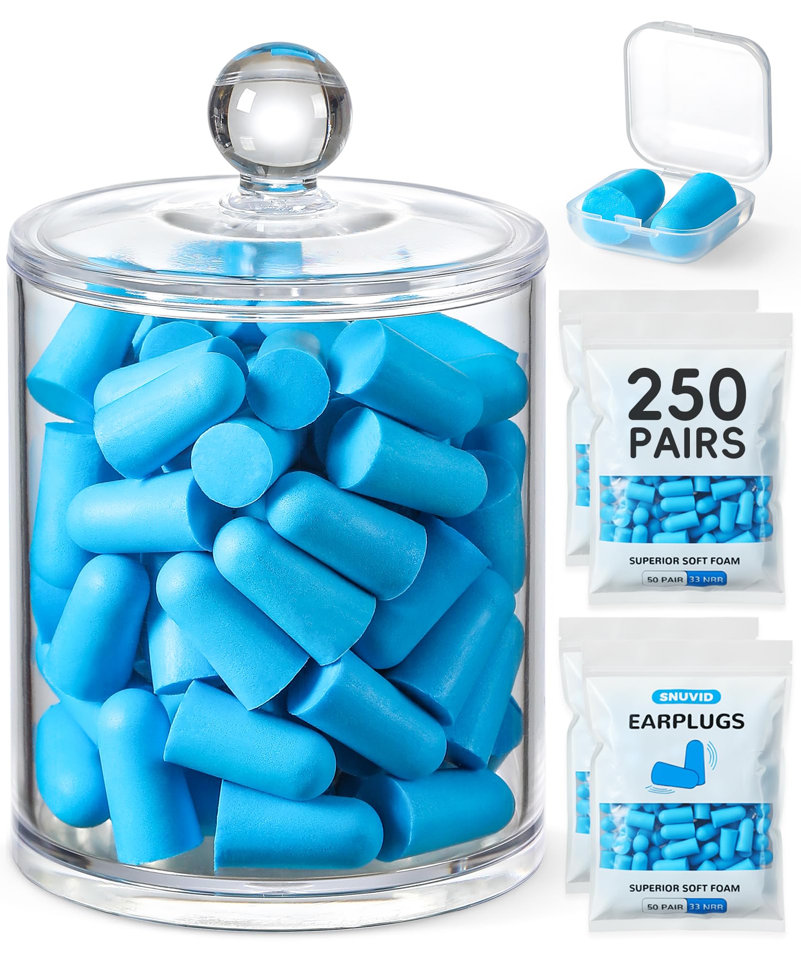 Snuvid foam ear plugs, 250 pairs, for sleep and travel noise reduction.