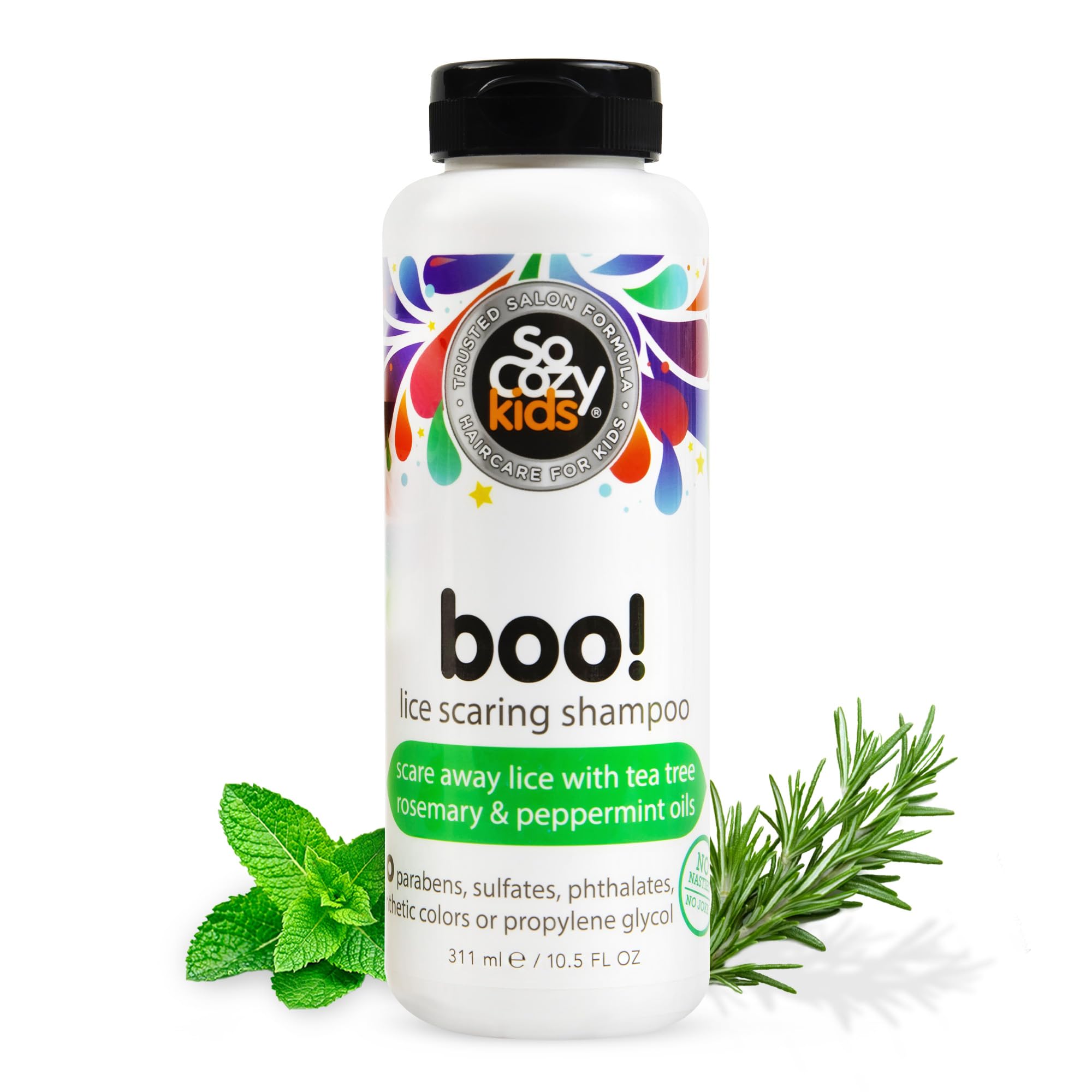 SoCozy Boo! lice shampoo bottle with fresh scent for kids' hair
