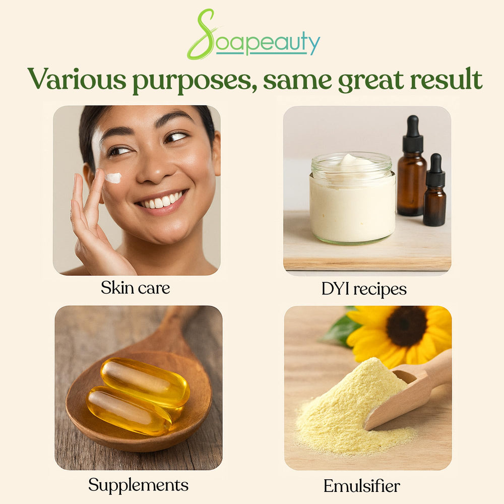 Soapeauty lecithin oil jar implies rich emollient texture.
