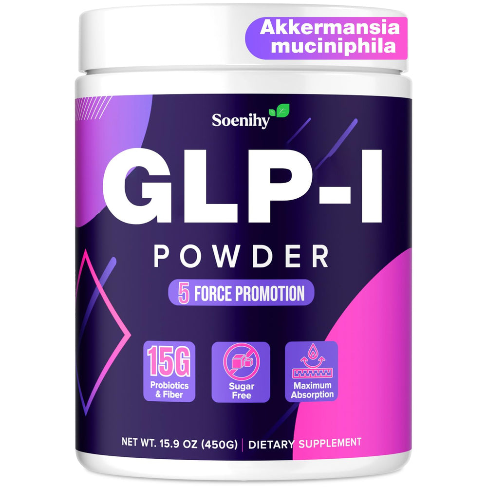 Soenihy GLP-1 supplement bottle closeup highlighting fiber and probiotic blend for gut wellness
