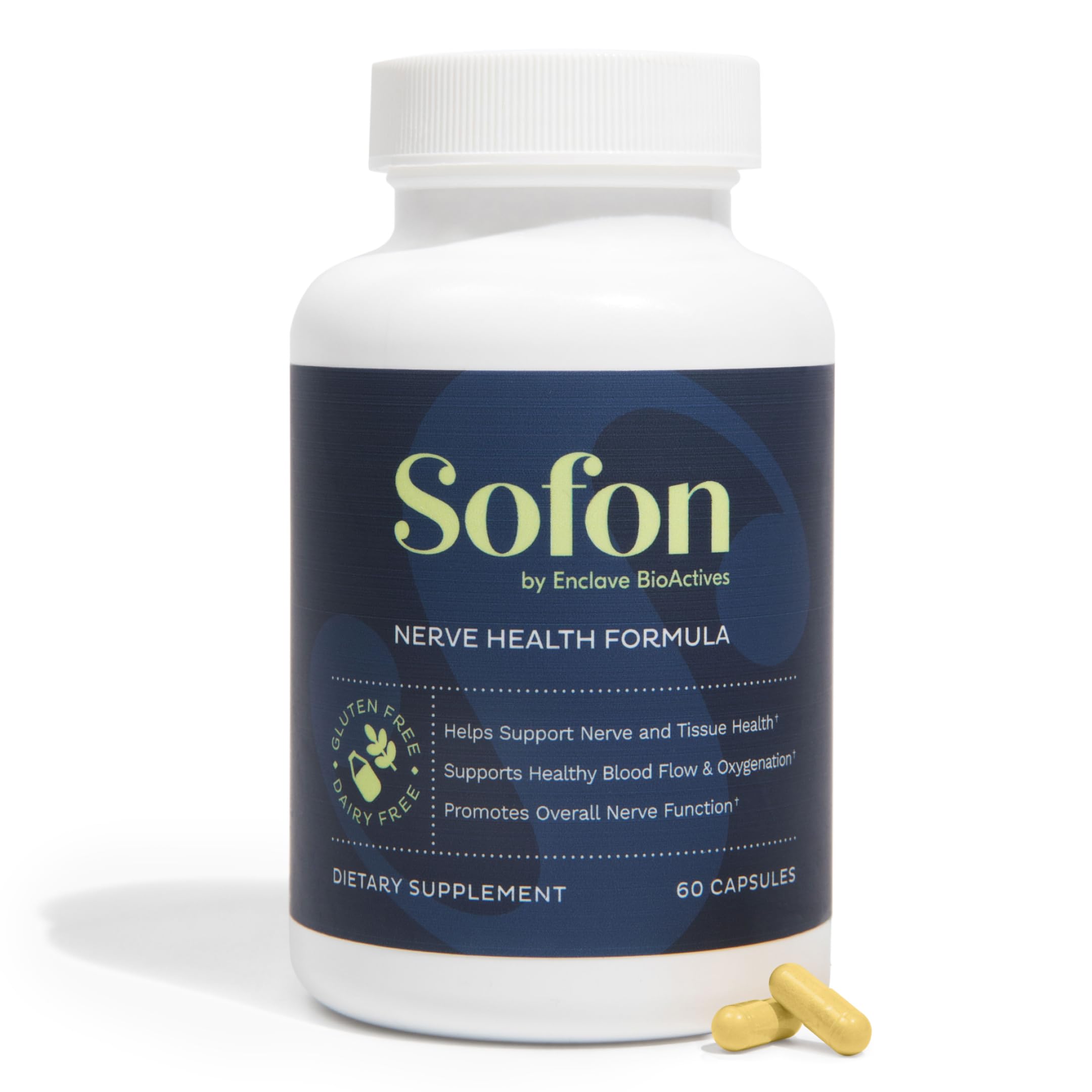 Sofon Nerve Support bottle and label highlighting convenient daily capsules