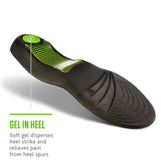 Sof Sole gel heel cup helps relieve heel spur discomfort during heel strike.