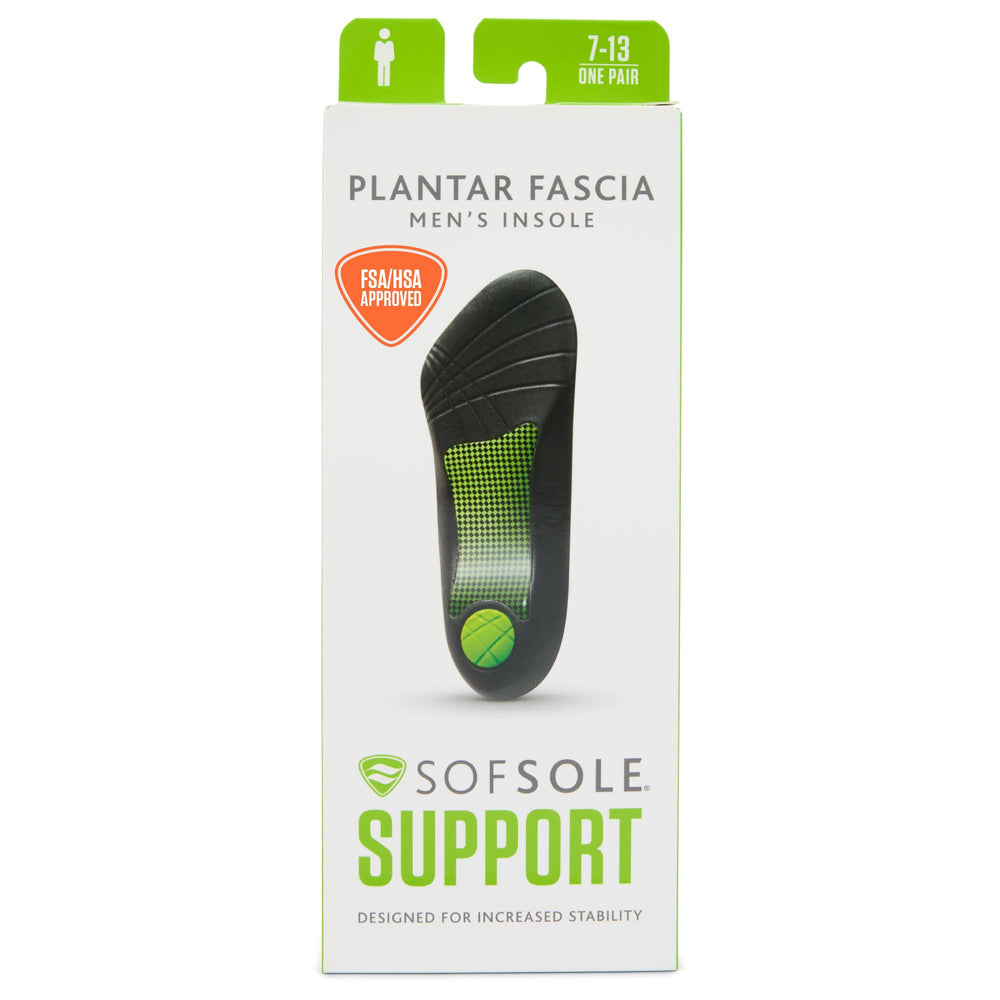 Sof Sole Plantar Fascia 3/4 length insole provides arch support for daily comfort.