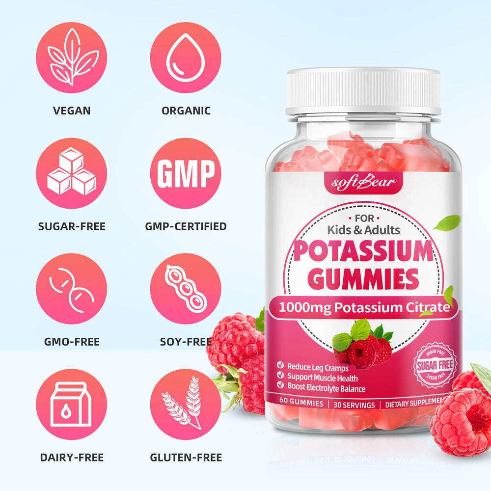 SoftBear gominas citrato potasio 1000 mg, textura gomosa, sin azúcar añadida para snack saludable.