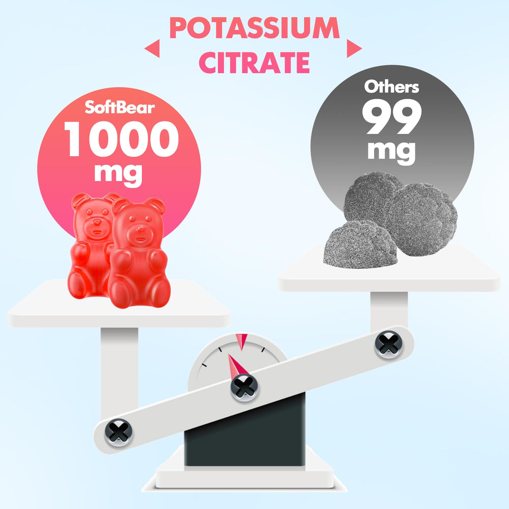 SoftBear gominas citrato potasio 1000 mg, uso diario para apoyar la hidratación ligera.