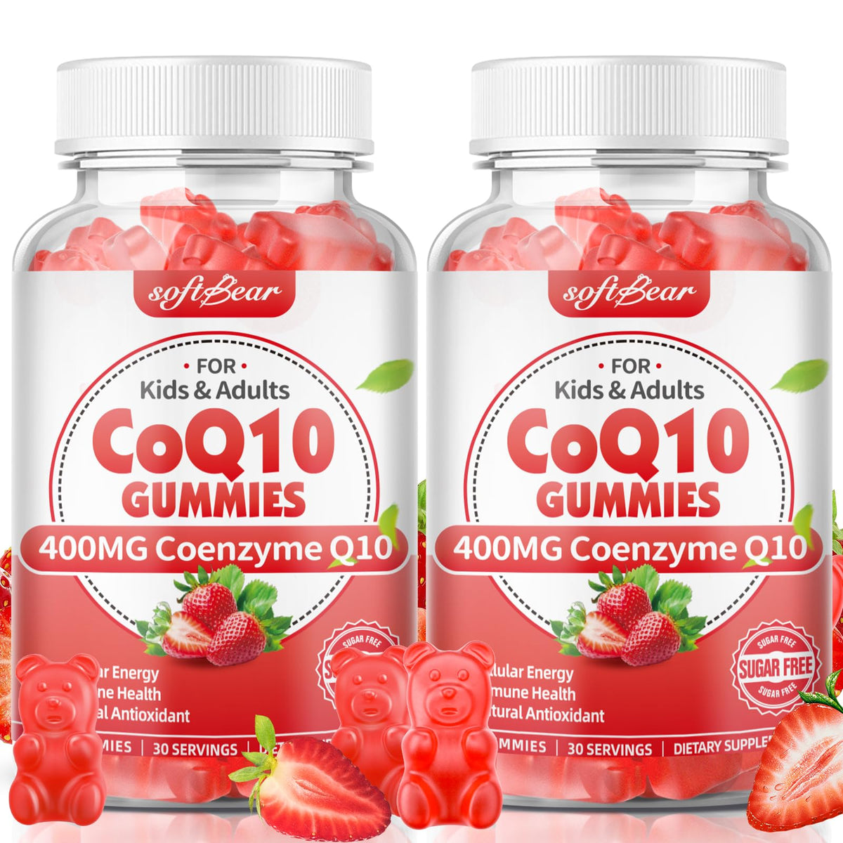 Softbear CoQ10 Gummies bottle front, convenient daily supplement