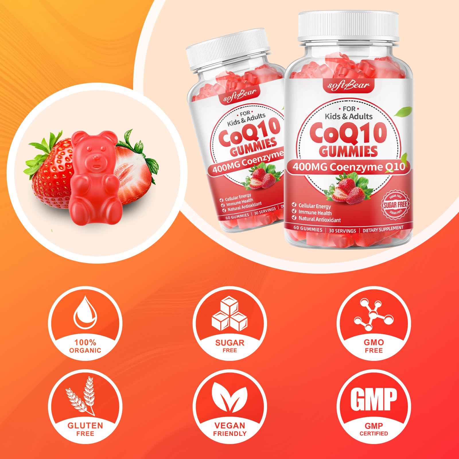 Softbear CoQ10 Gummies energy concept with vibrant packaging