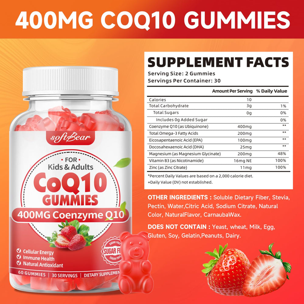 Softbear CoQ10 Gomitas etiqueta detallada, fácil de identificar en la rutina.