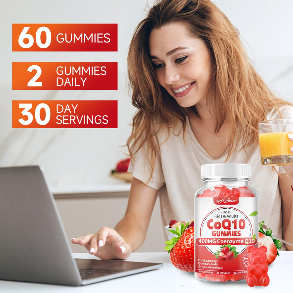 Softbear CoQ10 Gummies take with water on table