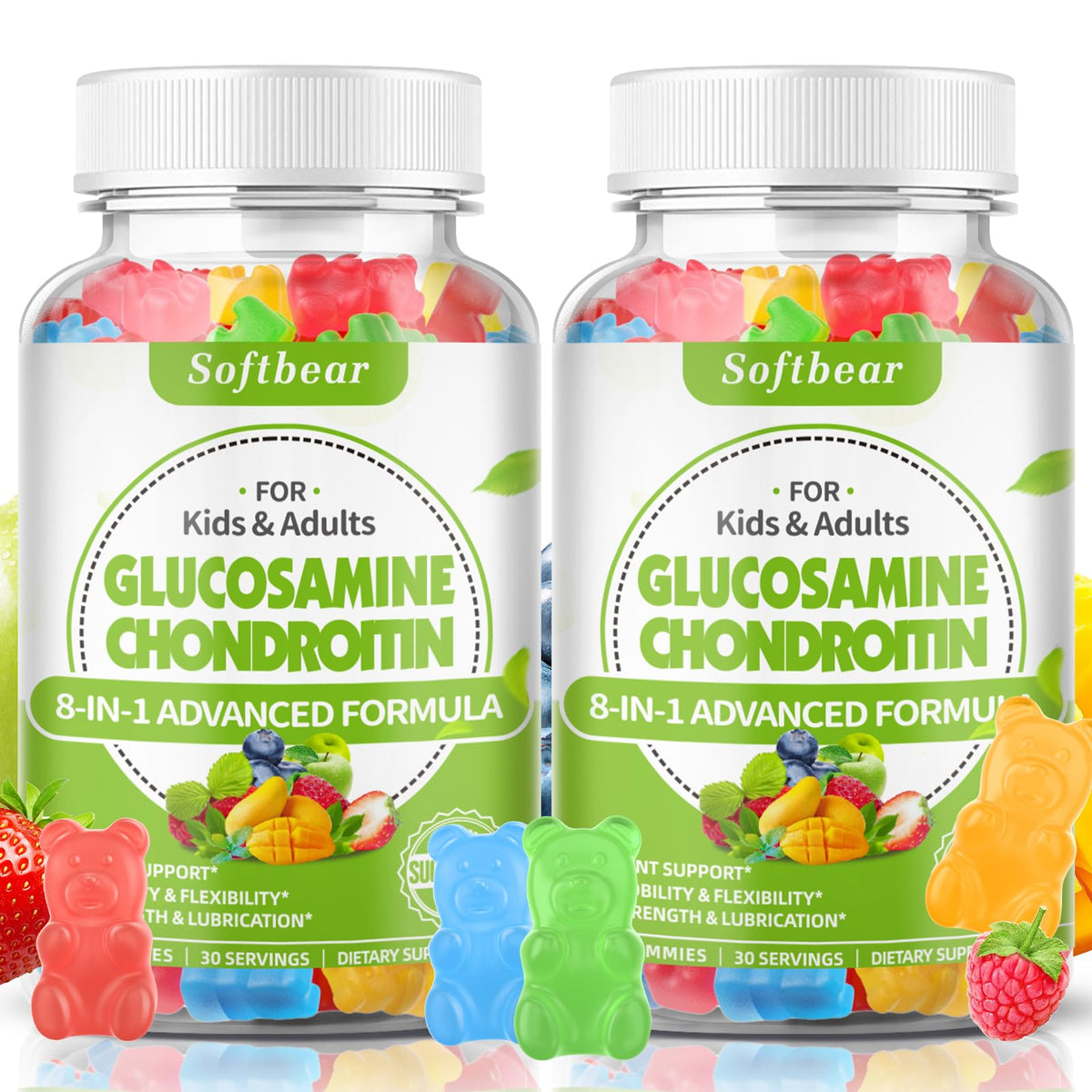 softbear glucosamine chondroitin gummies bottle showing mixed fruit flavor and vegan formula