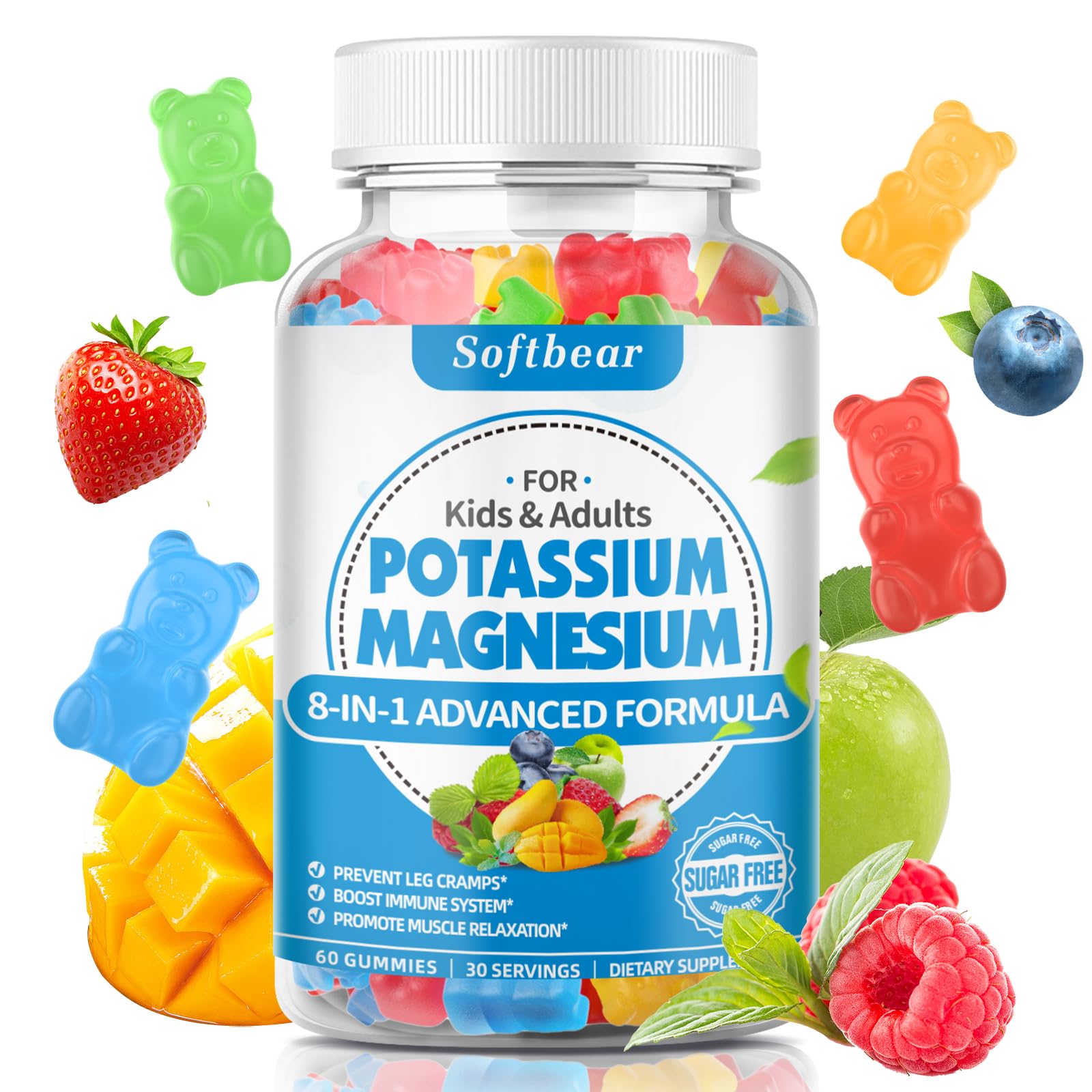 Softbear Potassium Gummies bottle close-up for convenient muscle support and flavor.