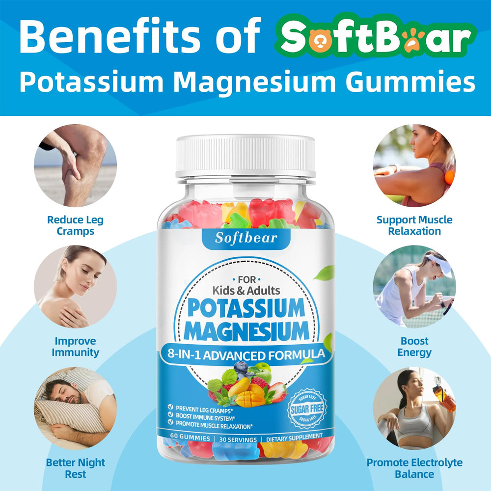 Softbear Potassium Gummies ingredients graphic emphasizing potassium and magnesium for balanced minerals.
