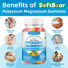 Softbear Potassium Gummies ingredients graphic emphasizing potassium and magnesium for balanced minerals.