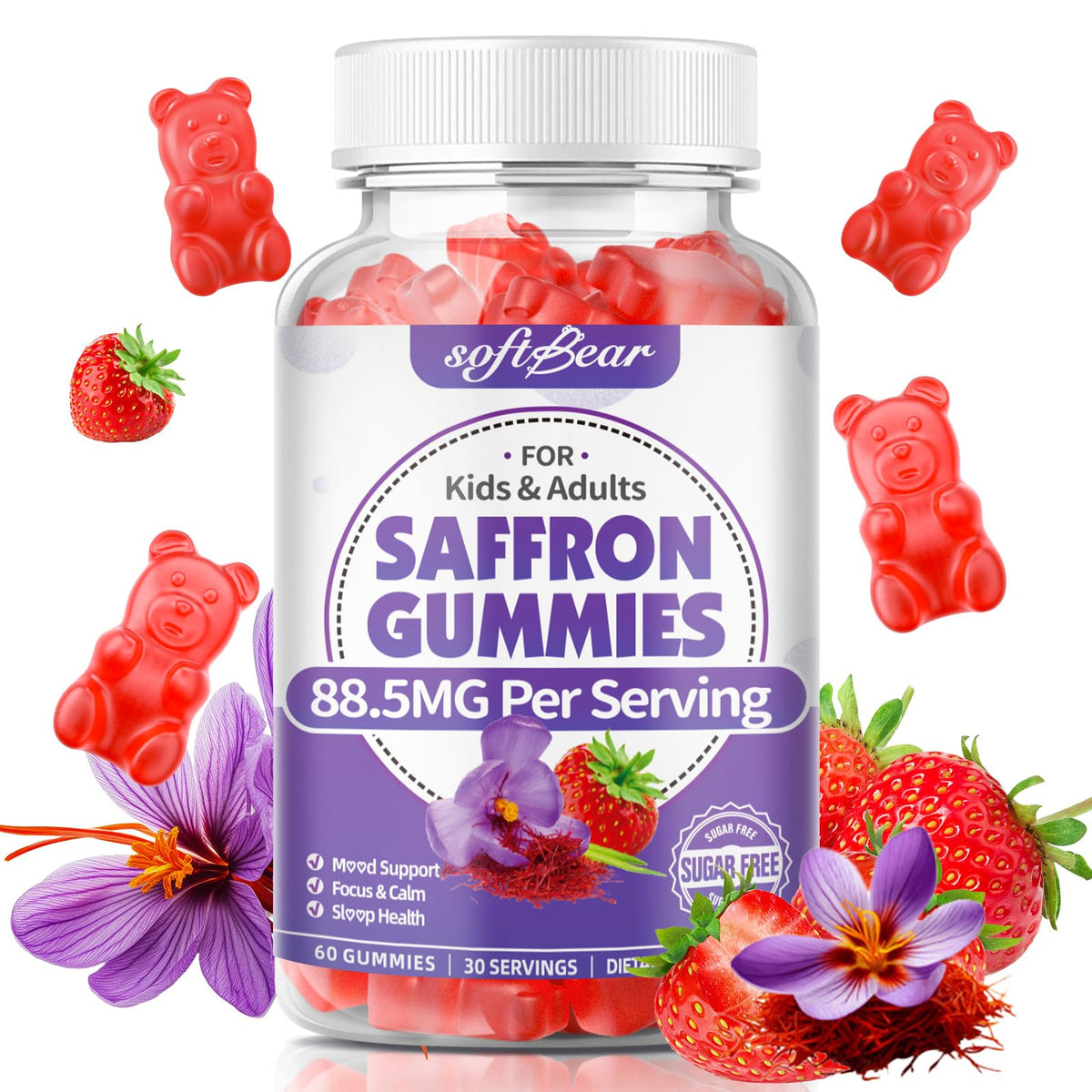 Softbear saffron gummies bottle, convenient daily support for focus and calm.