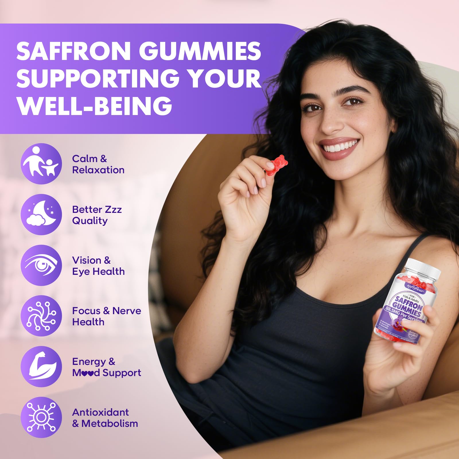 Softbear saffron gummies for kids, kid-friendly chewable for growing minds.