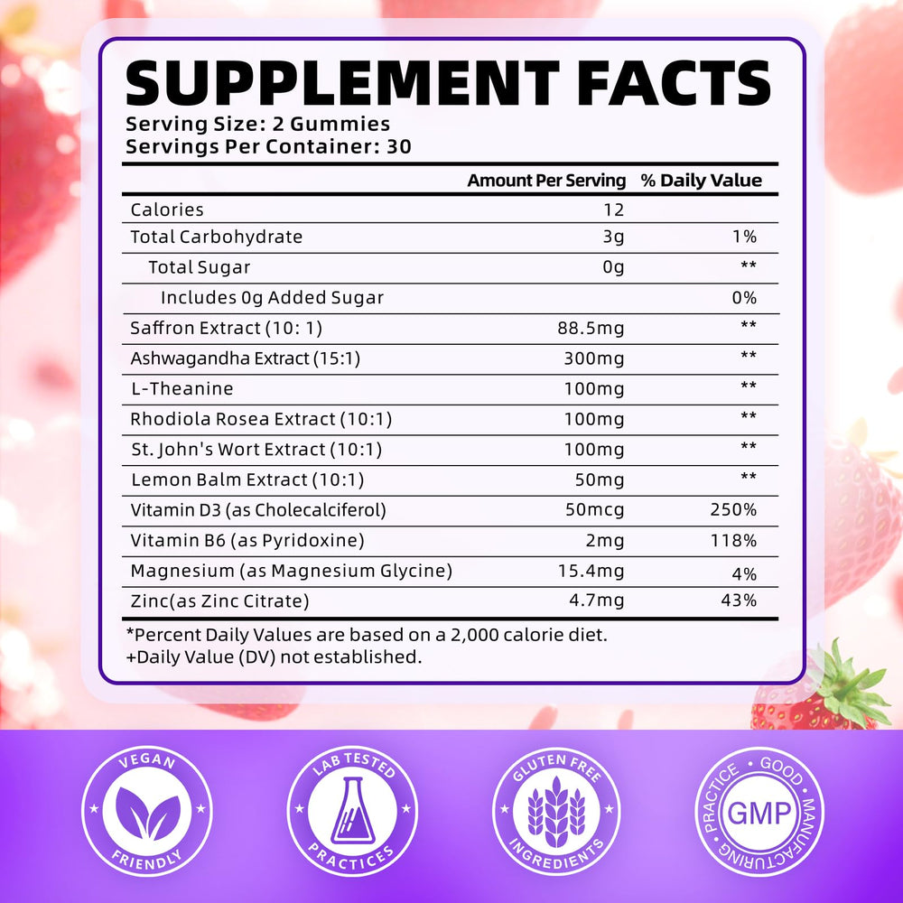 Softbear saffron gummies strawberry close-up, natural strawberry flavor and sugar-free treat.