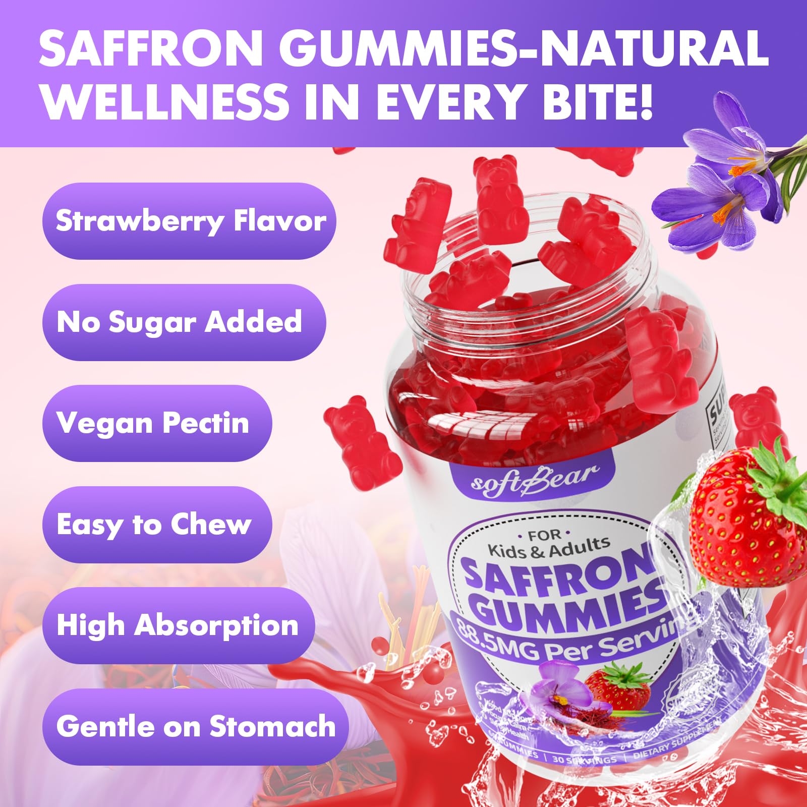 Softbear saffron gummies sugar-free option with natural strawberry flavor.