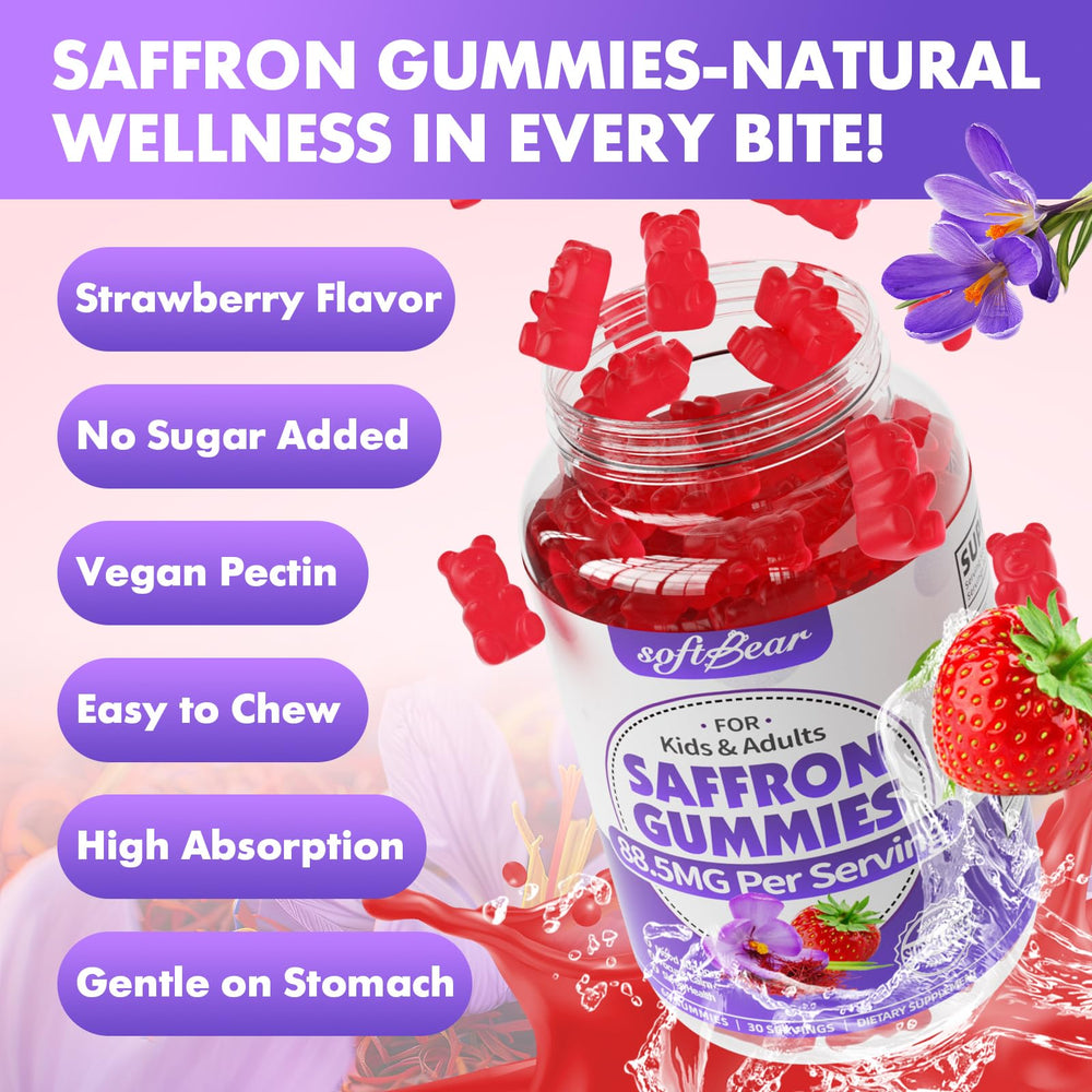 Softbear saffron gummies sugar-free option with natural strawberry flavor.