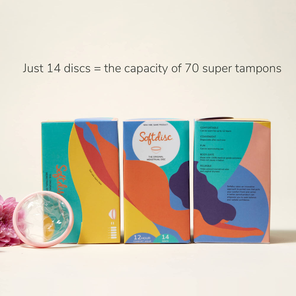 Softdisc packaging close-view emphasizes easy disposal and on-the-go convenience.