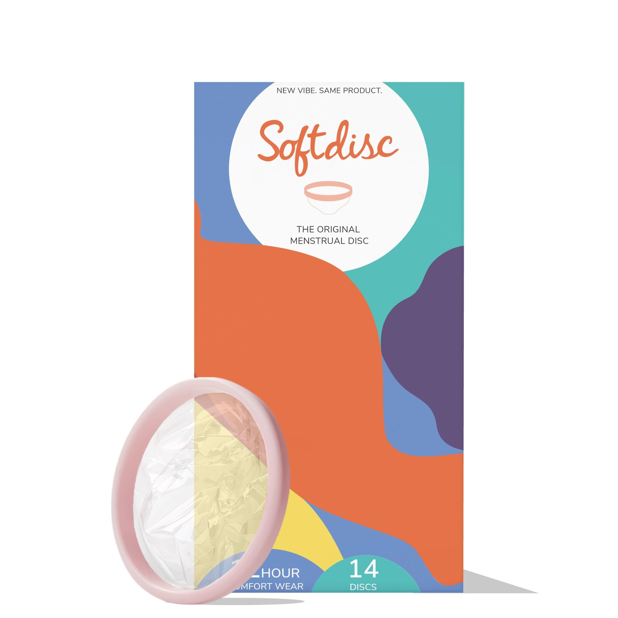 Softdisc packaging front-view shows discreet disposable period discs for convenient care.