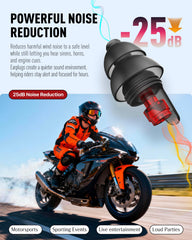 Softvox 25dB reduction ear plugs lower wind roar during rides.