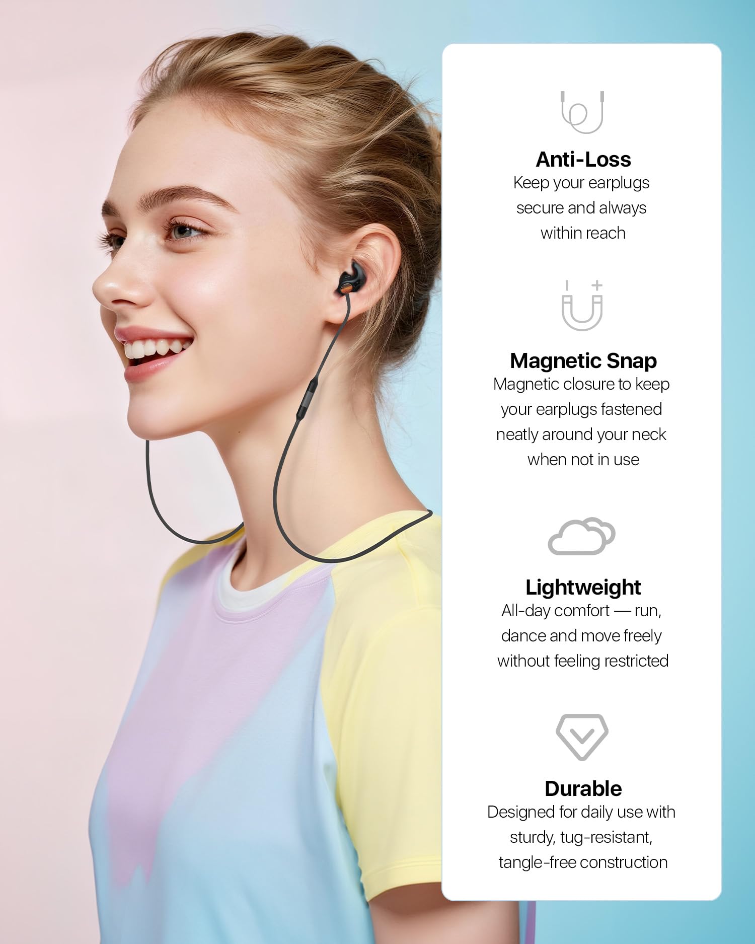 Softvox connector cord with soft silicone keeps earplugs ready on the neck