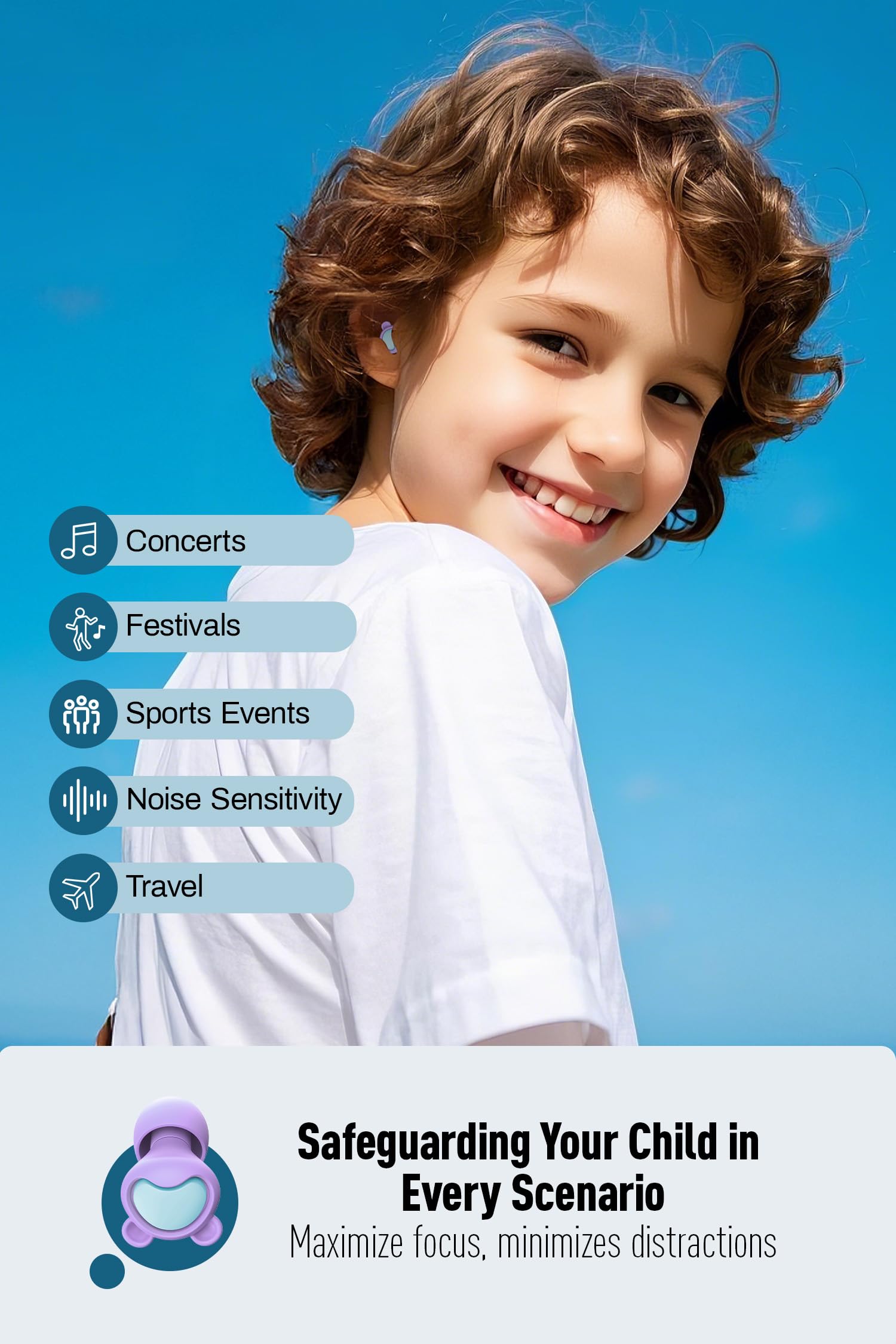 Child wearing earplugs at playground or event for calmer moments