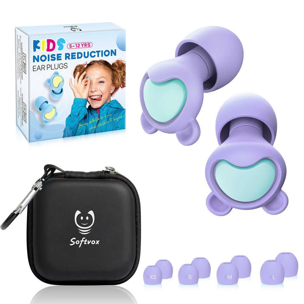 Softvox Kids Ear Plugs pack close-up showing 26 dB protection