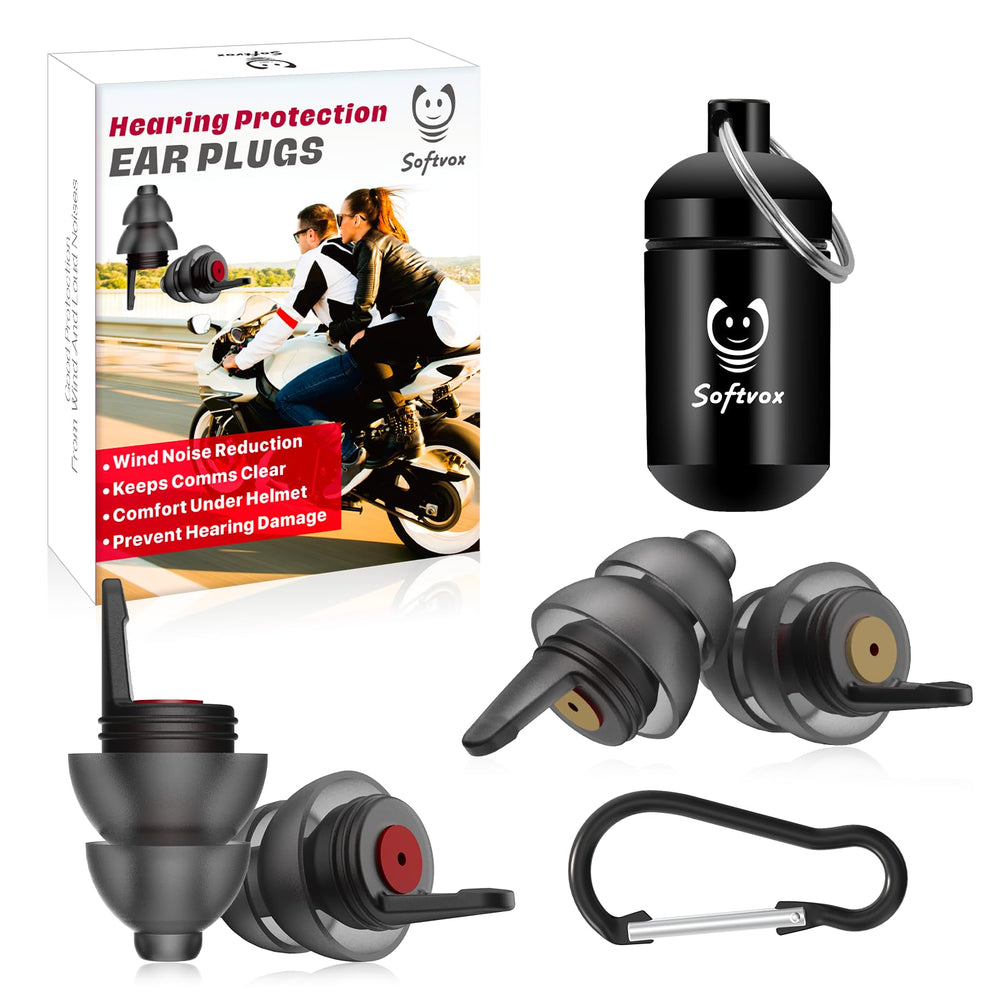 Softvox motorcycle ear plugs reduce wind noise for clearer on-road audio.