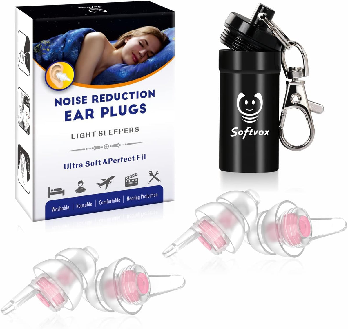 Softvox Small Ear Plugs in package close-up show compact packaging and sleep-ready design