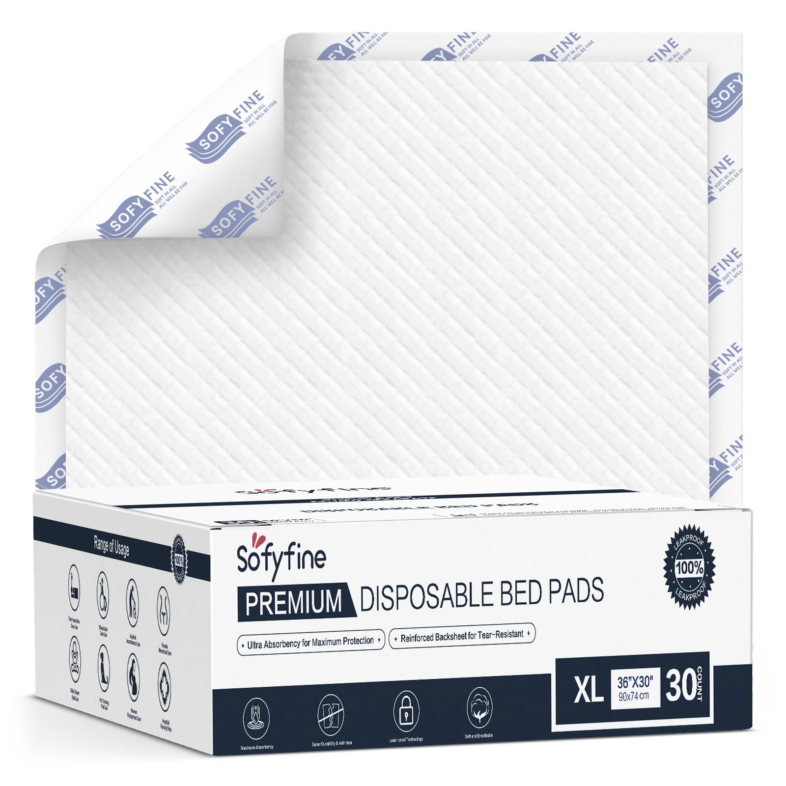 SOFYFINE 30-count bed pad packaging for easy overnight protection