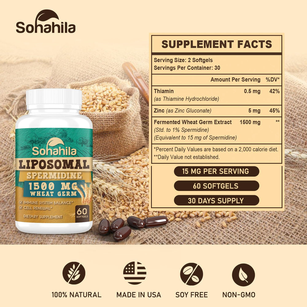 Sohahila Spermidine softgel pack highlights convenient daily capsules.