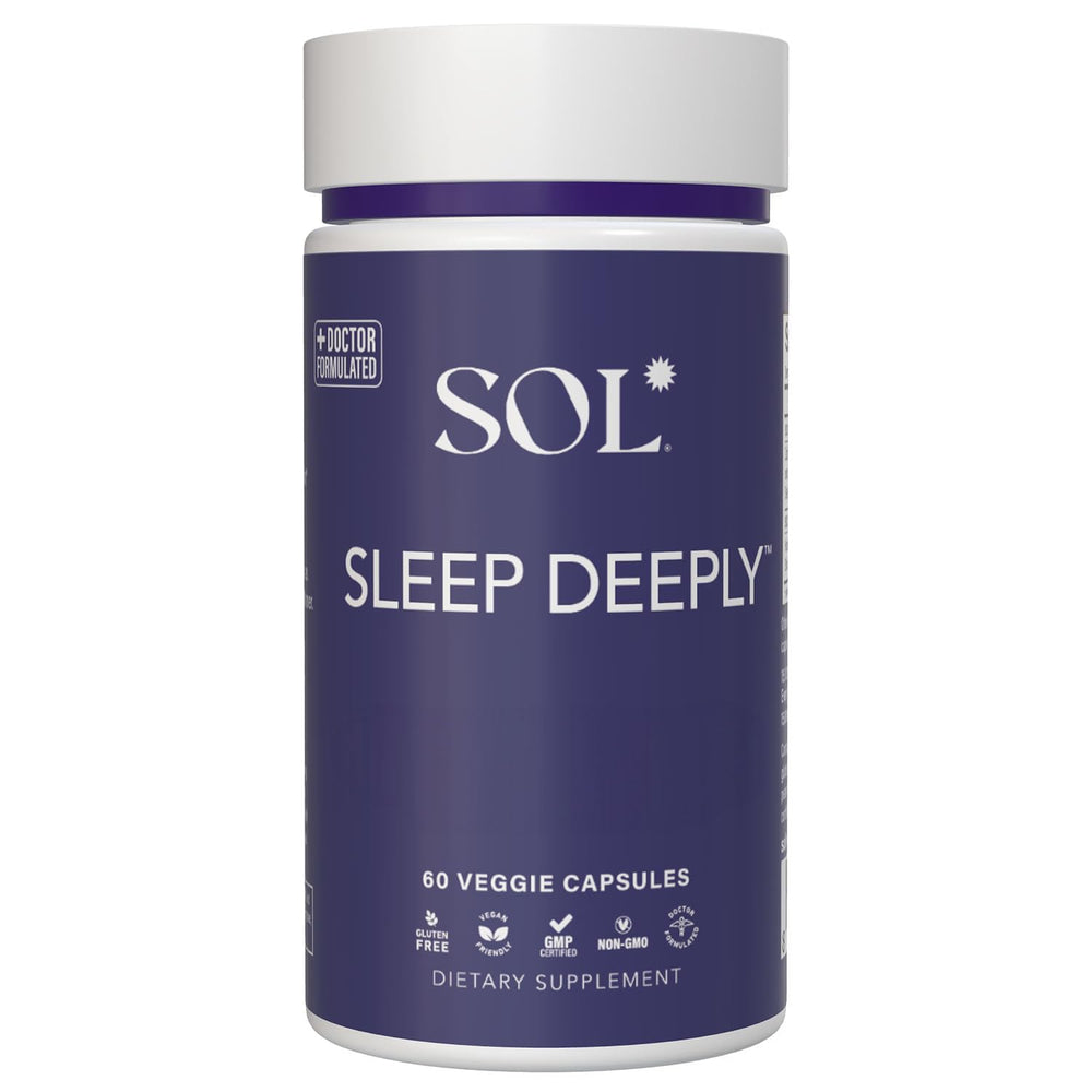 Sol Nutrition Sleep Deeply bottle and pour illustrate easy nightly routine for restful evenings