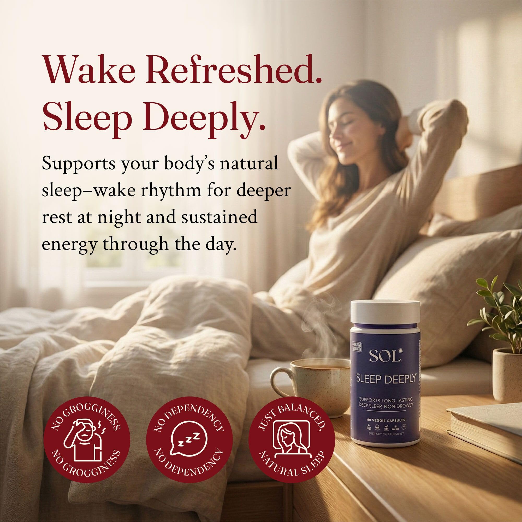 Sol Nutrition Sleep Deeply label details reveal vegan and gluten-free formula for mindful living