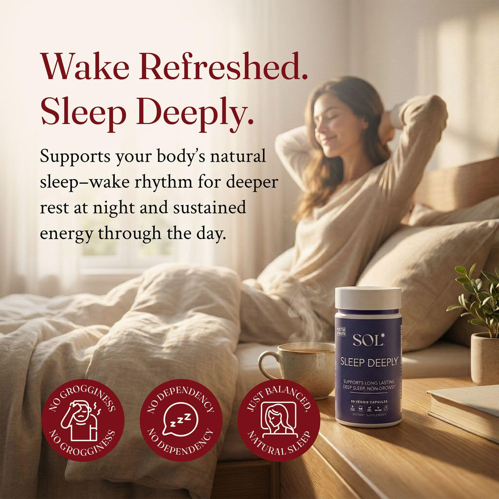 Sol Nutrition Sleep Deeply label details reveal vegan and gluten-free formula for mindful living