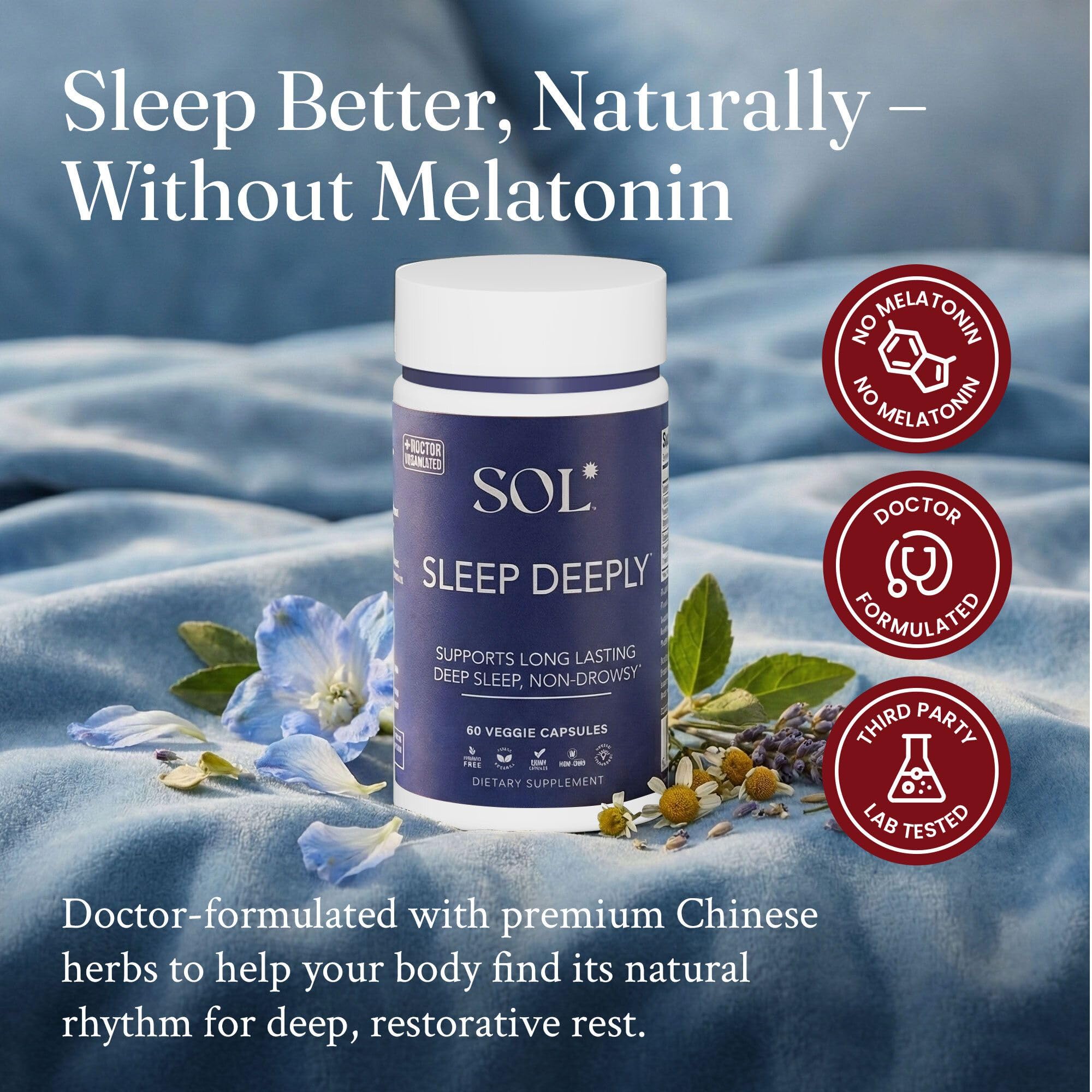 Sol Nutrition Sleep Deeply vegan gluten-free symbol emphasizes dietary compatibility