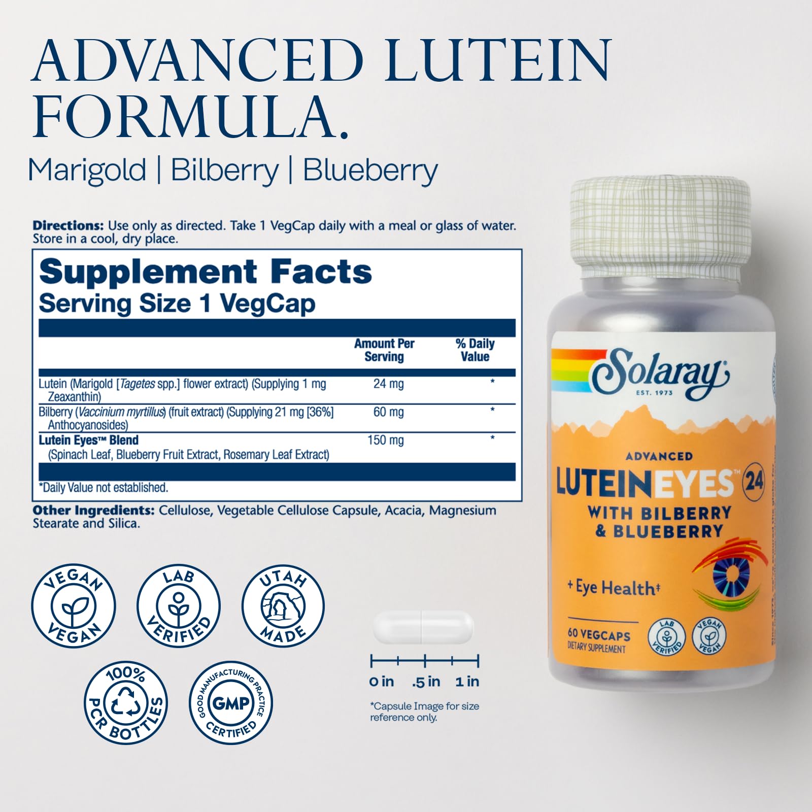 SOLARAY Advanced Lutein Eyes 24mg capsules close-up showcasing vegan, plant-based formula