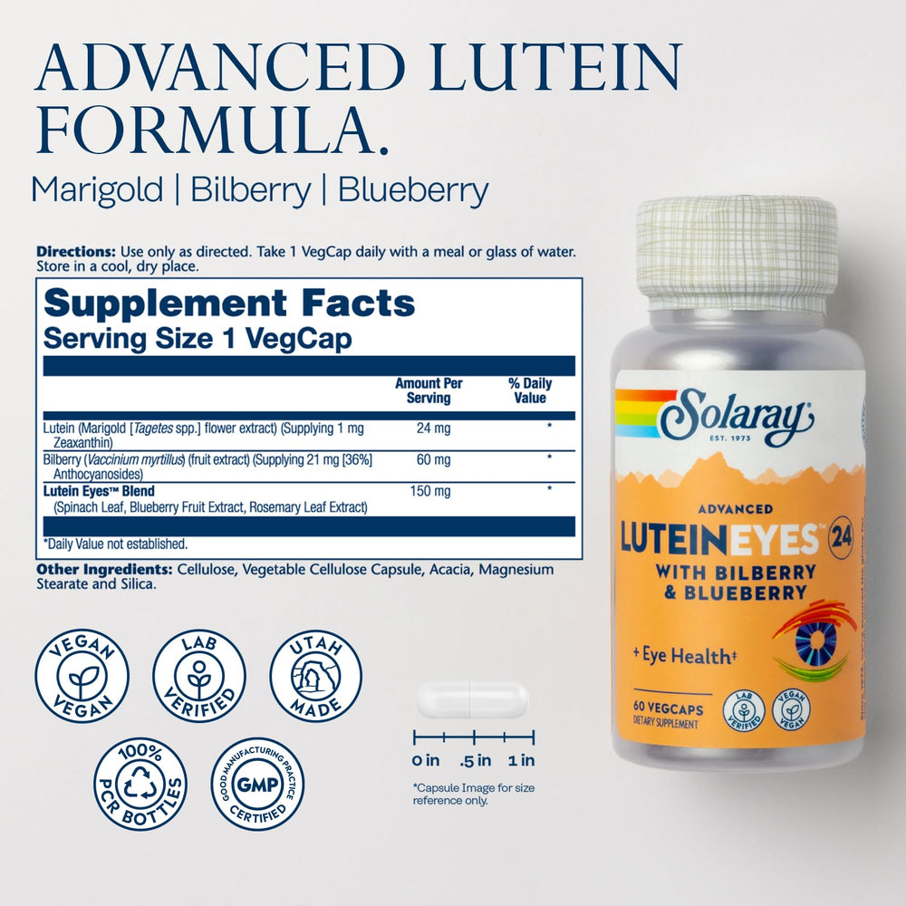 SOLARAY Advanced Lutein Eyes 24mg capsules close-up showcasing vegan, plant-based formula