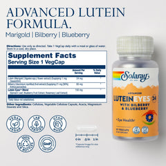 SOLARAY Advanced Lutein Eyes 24mg capsules close-up showcasing vegan, plant-based formula