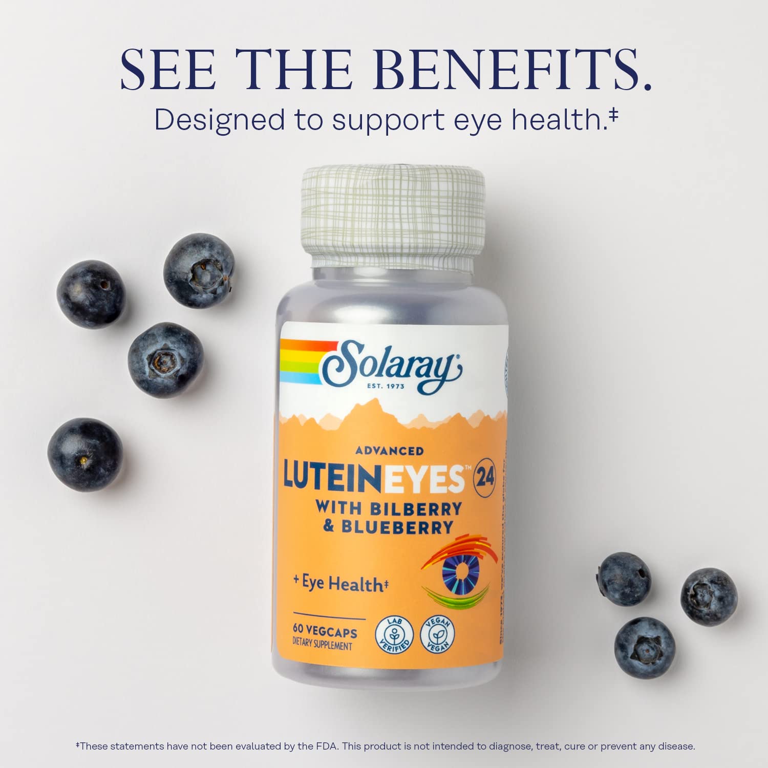 SOLARAY Advanced Lutein Eyes 24mg bottle label featuring bilberry and blueberry extracts