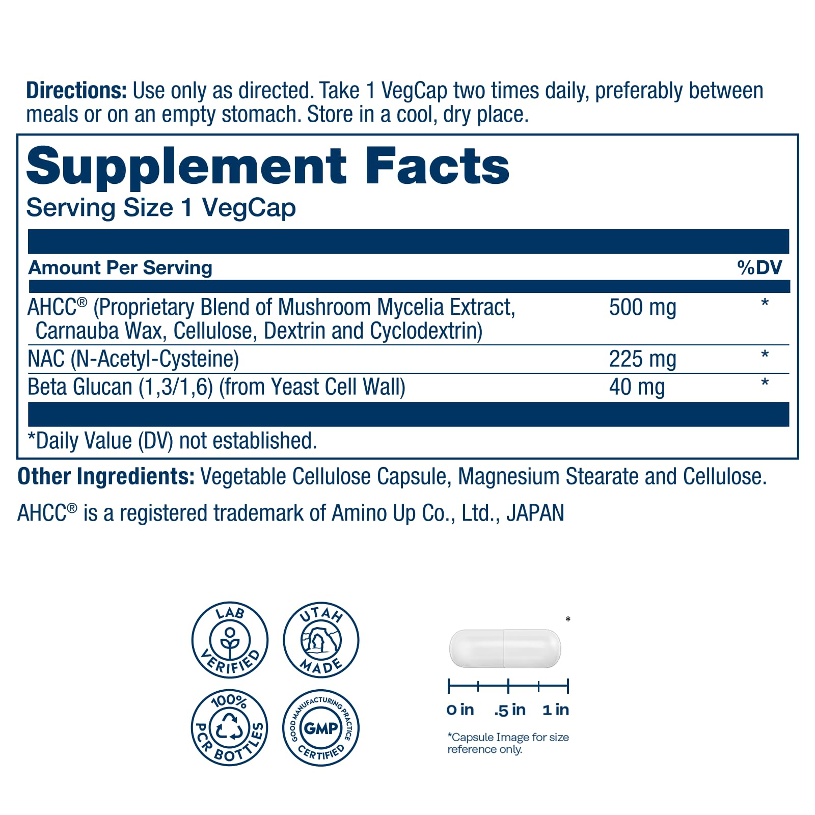 SOLARAY AHCC ingredients close-up highlighting NAC and beta glucan.