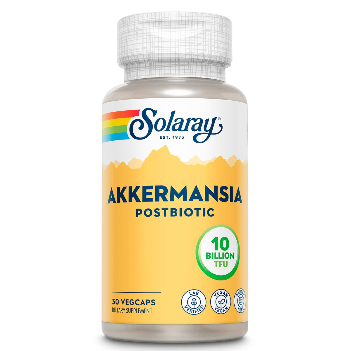 SOLARAY Akkermansia Postbiotic bottle offers easy daily gut health support.