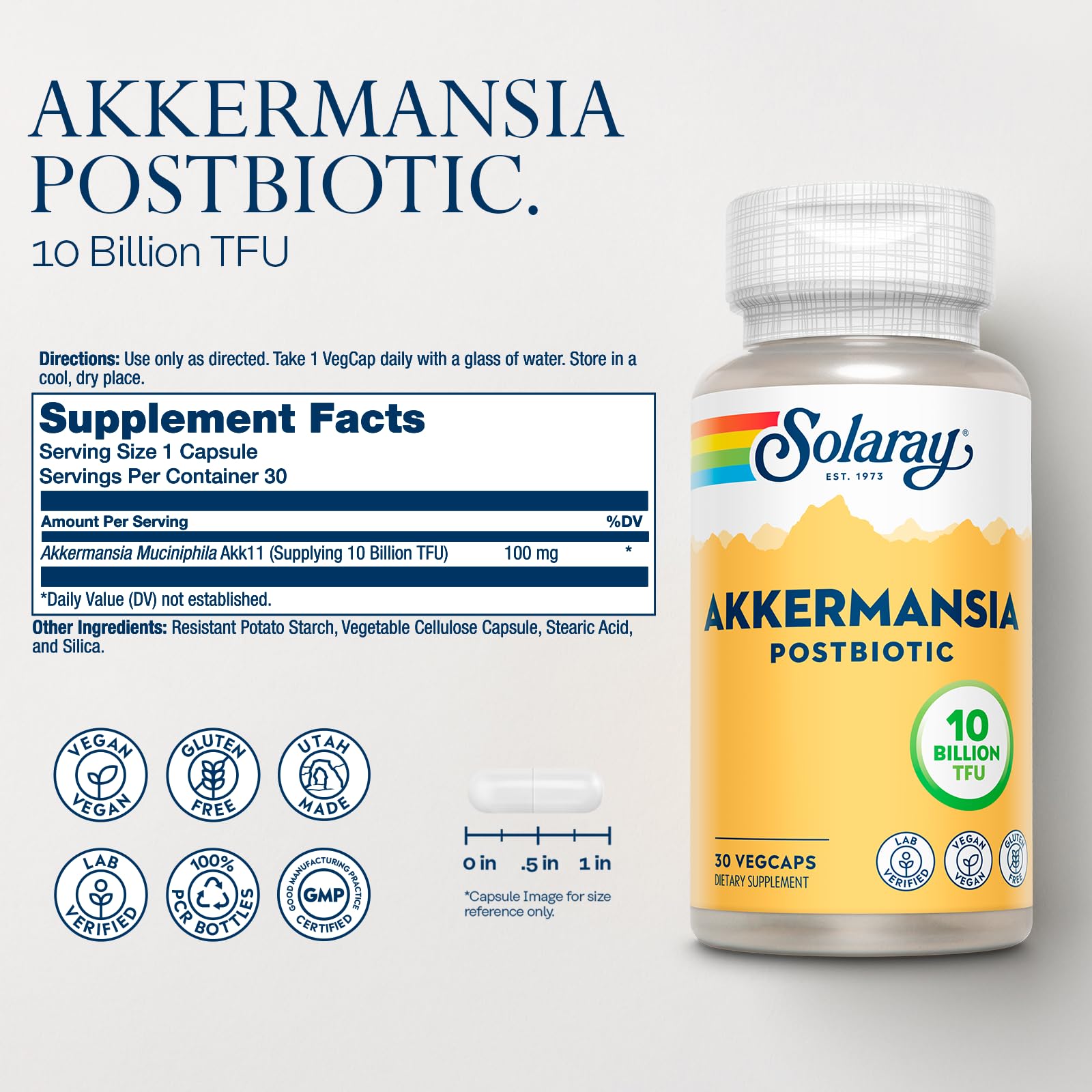 SOLARAY Akkermansia Postbiotic capsules provide 10B TFU for ongoing gut balance.